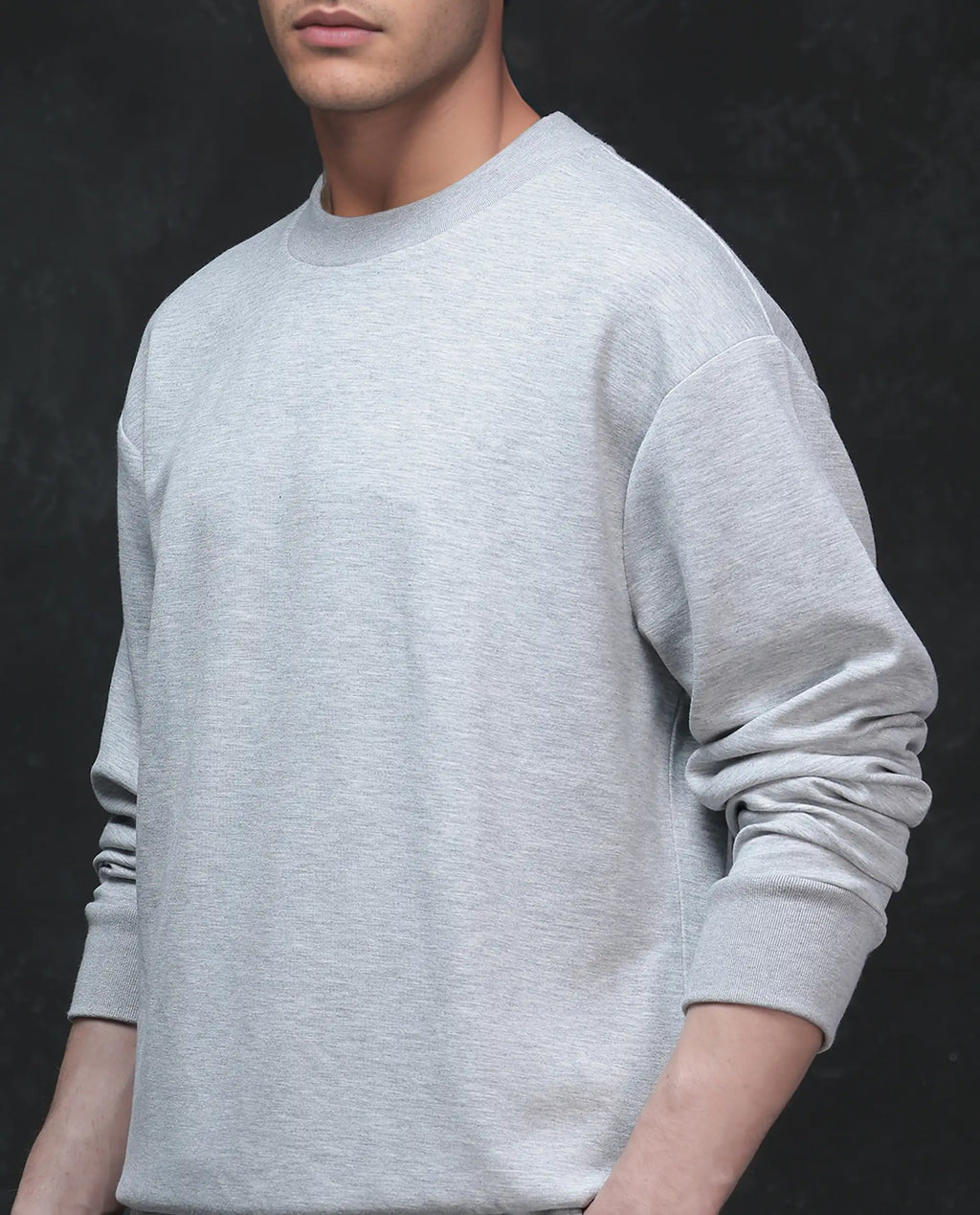 Rare Rabbit Men's Renzi Melange Grey Modal Plain Boxy Fit Full Sleeve Crew Neck Sweatshirt