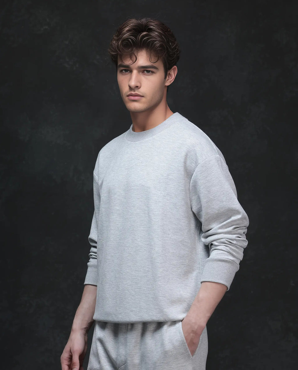 Rare Rabbit Men's Renzi Melange Grey Modal Plain Boxy Fit Full Sleeve Crew Neck Sweatshirt