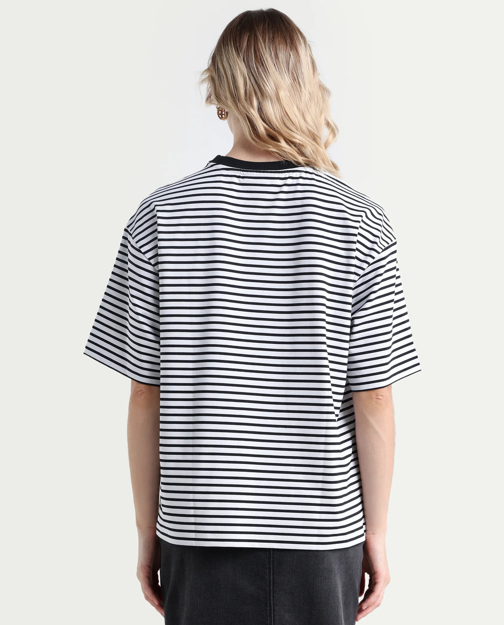 Rareism Women's Reph White Cotton Blend Crew Neck Striped Relaxed Fit T-Shirt