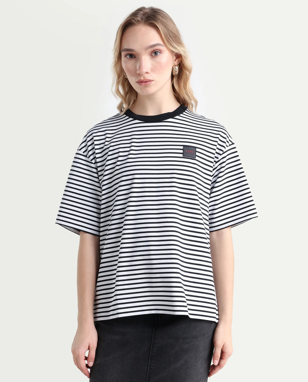 Rareism Women's Reph White Cotton Blend Crew Neck Striped Relaxed Fit T-Shirt