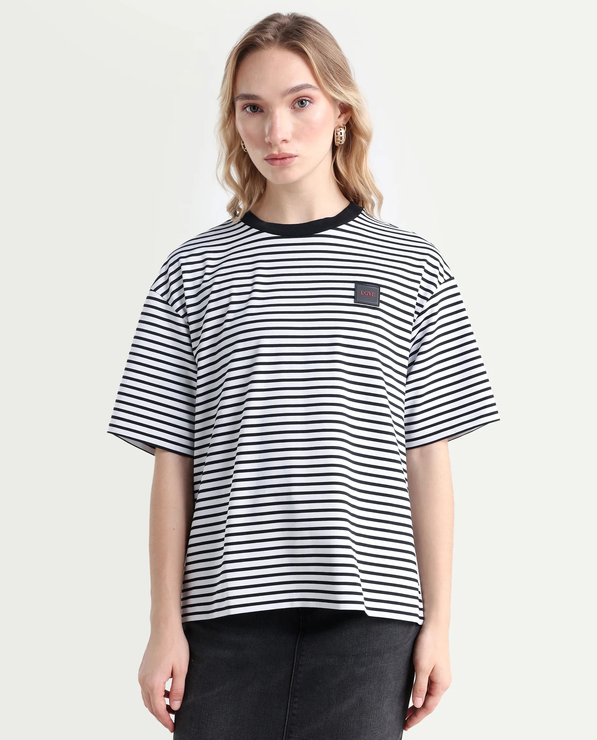 Rareism Women's Reph White Cotton Blend Crew Neck Striped Relaxed Fit T-Shirt