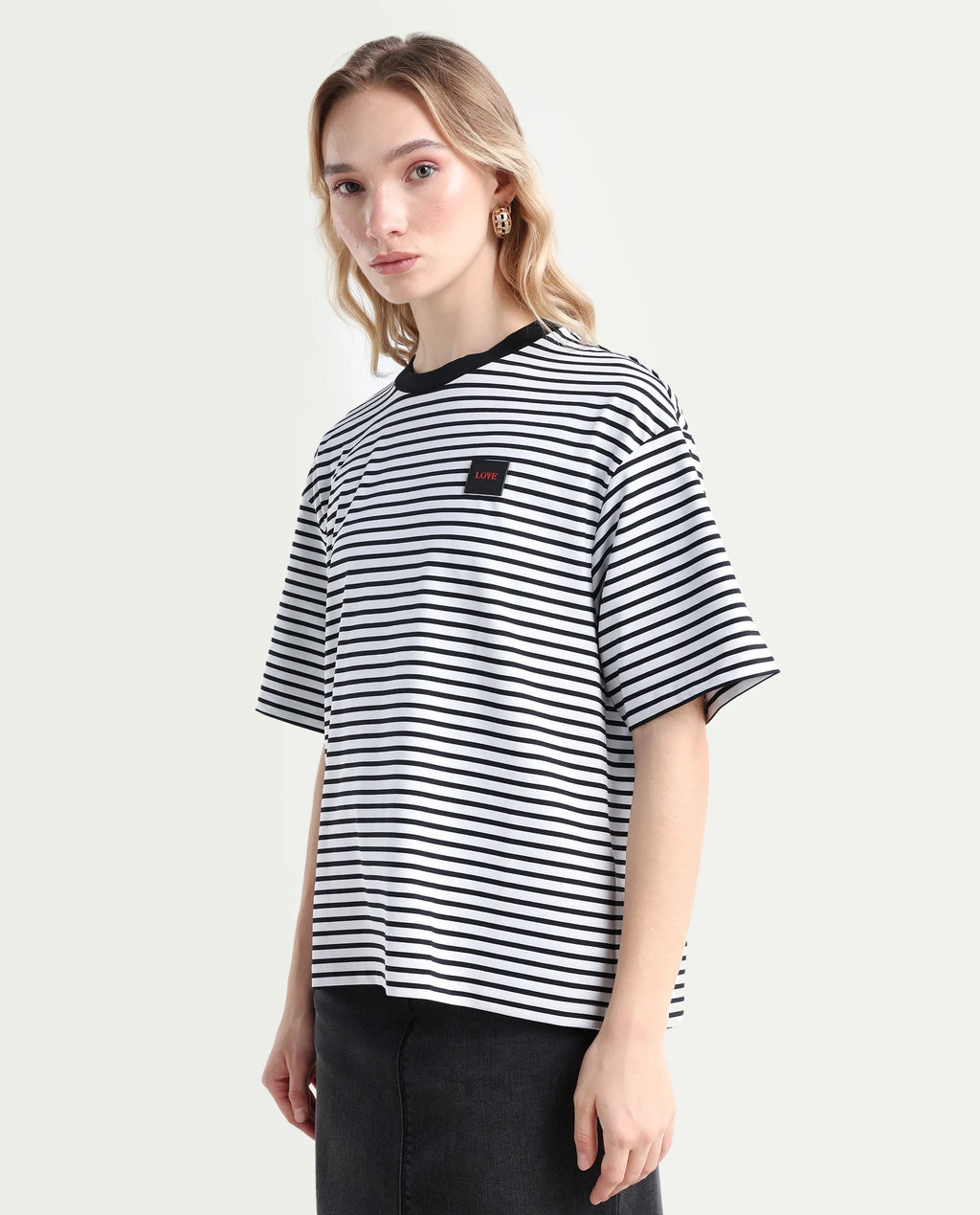 Rareism Women's Reph White Cotton Blend Crew Neck Striped Relaxed Fit T-Shirt