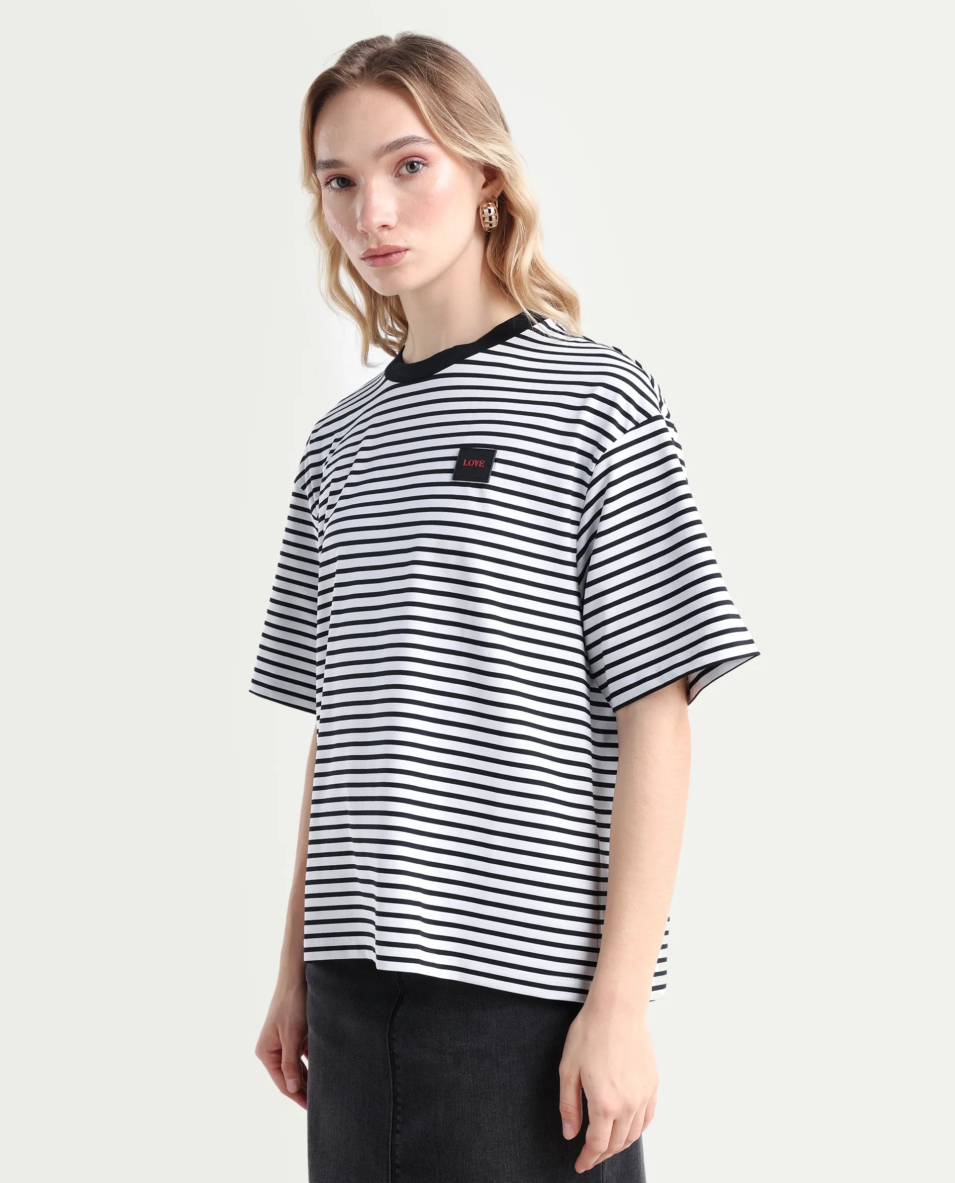 Rareism Women's Reph White Cotton Blend Crew Neck Striped Relaxed Fit T-Shirt