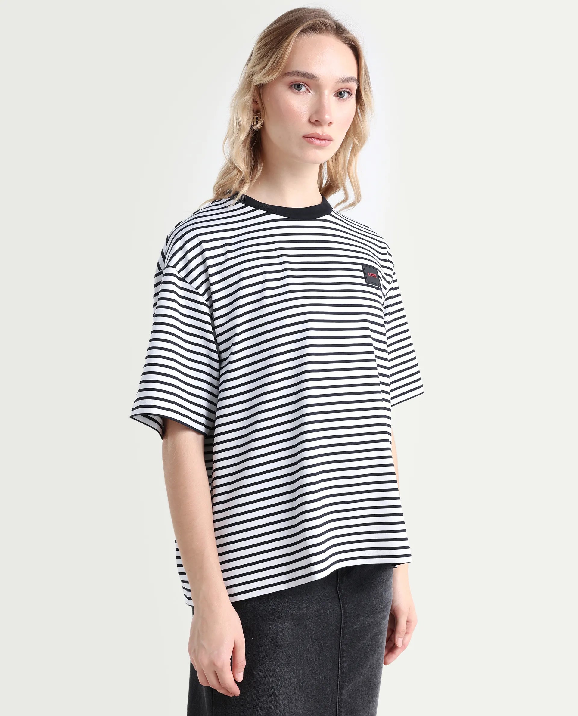 Rareism Women's Reph White Cotton Blend Crew Neck Striped Relaxed Fit T-Shirt