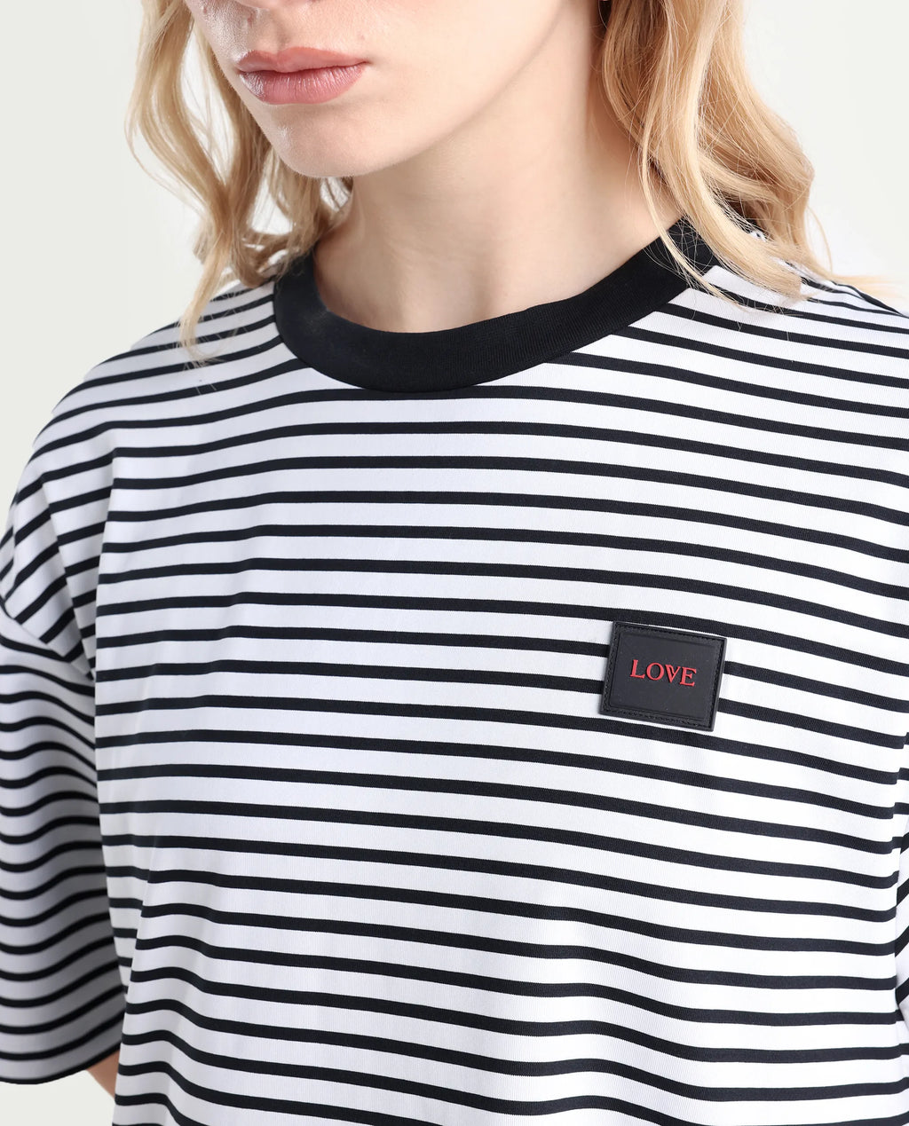 Rareism Women's Reph White Cotton Blend Crew Neck Striped Relaxed Fit T-Shirt