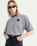 Rareism Women's Reph White Cotton Blend Crew Neck Striped Relaxed Fit T-Shirt