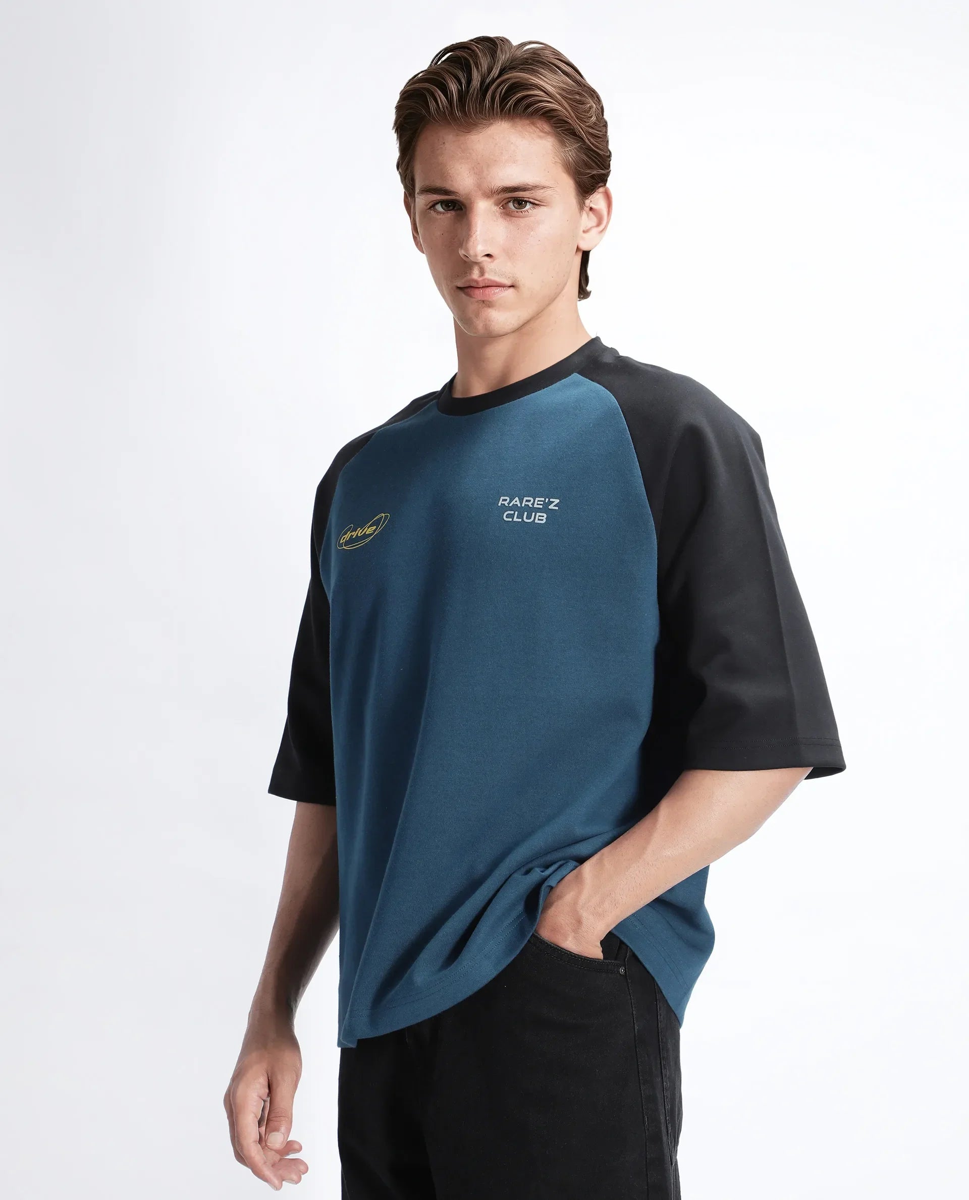 Rare Rabbit Men's Revalo Teal Cotton Blend Graphic Print Oversized Fit Half Sleeve Crew Neck T-Shirt
