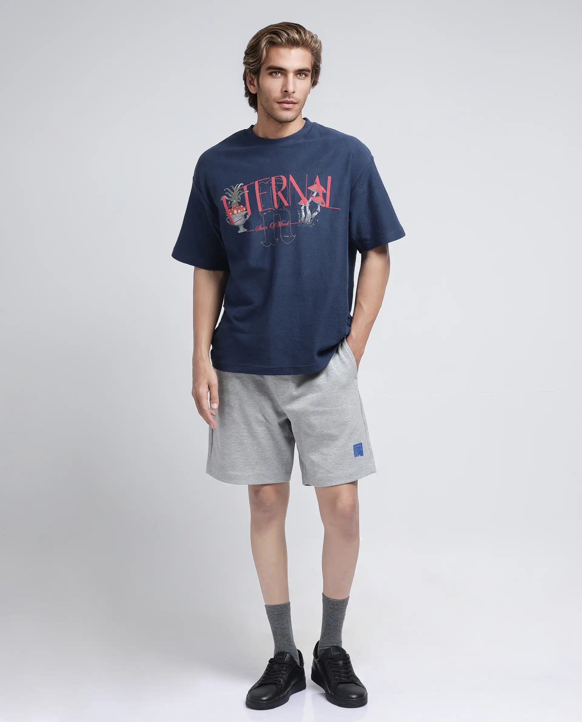 Rare Rabbit Men's Rexon Grey Cotton Blend Plain Relaxed Fit Shorts
