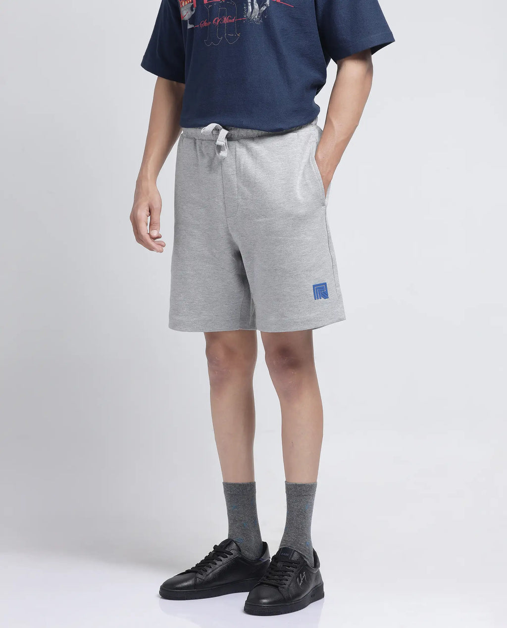 Rare Rabbit Men's Rexon Grey Cotton Blend Plain Relaxed Fit Shorts