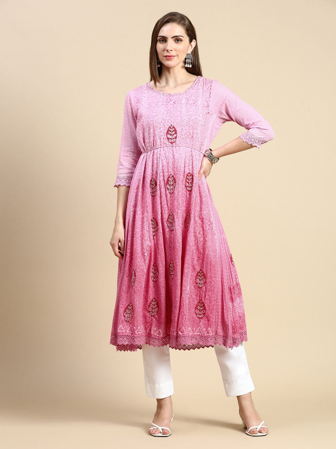 Women's Floral Pink Anarkali Kurta