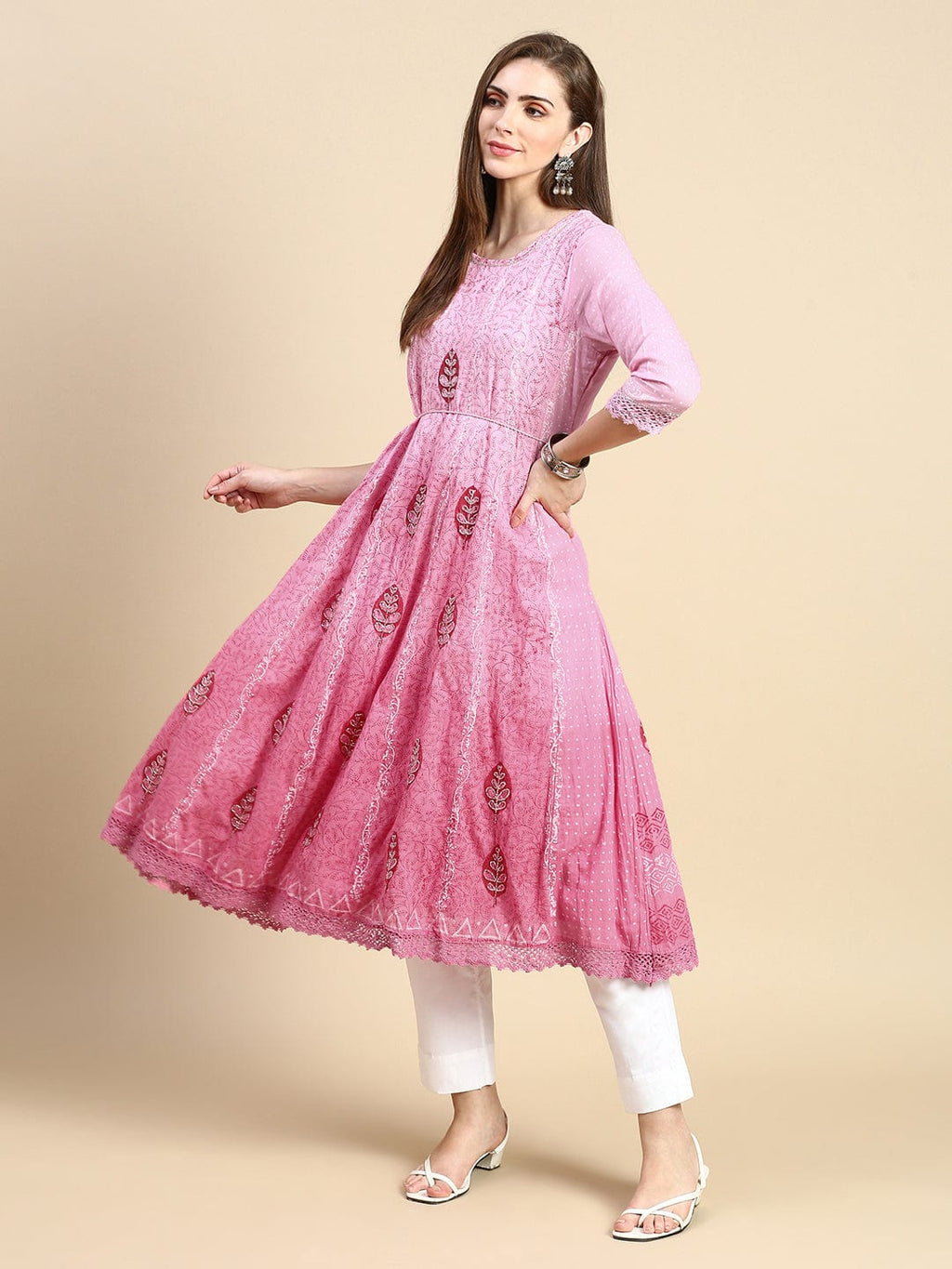 Women's Floral Pink Anarkali Kurta