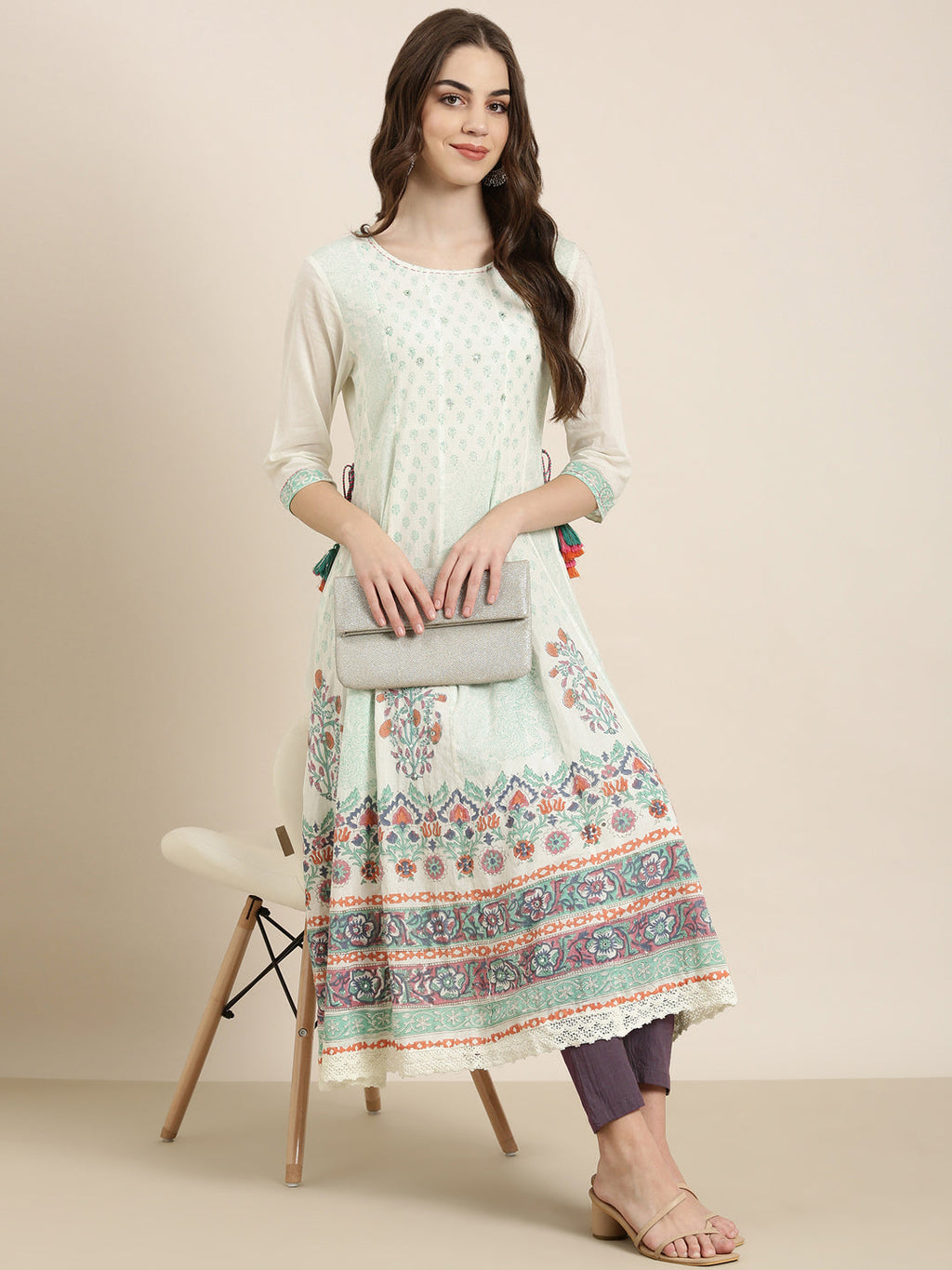 Women's Cream Ethnic Motif Printed Thread Work Anarkali Kurta