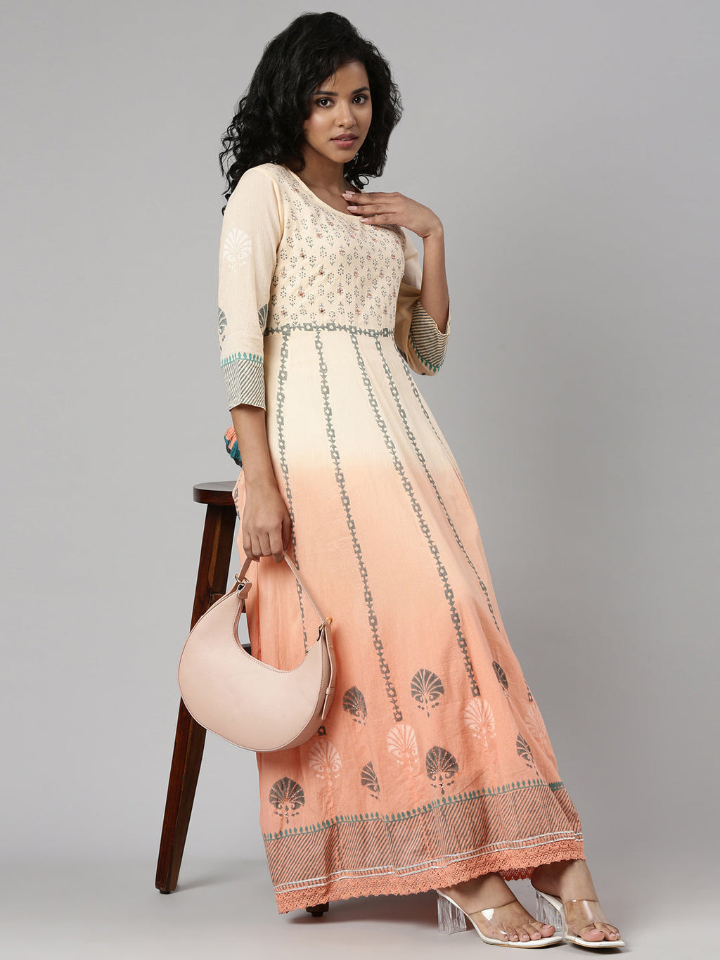 Women's Orange Ethnic Motifs Printed Cotton Empire Kurta