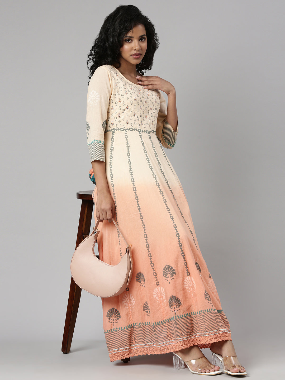Women's Orange Ethnic Motifs Printed Cotton Empire Kurta