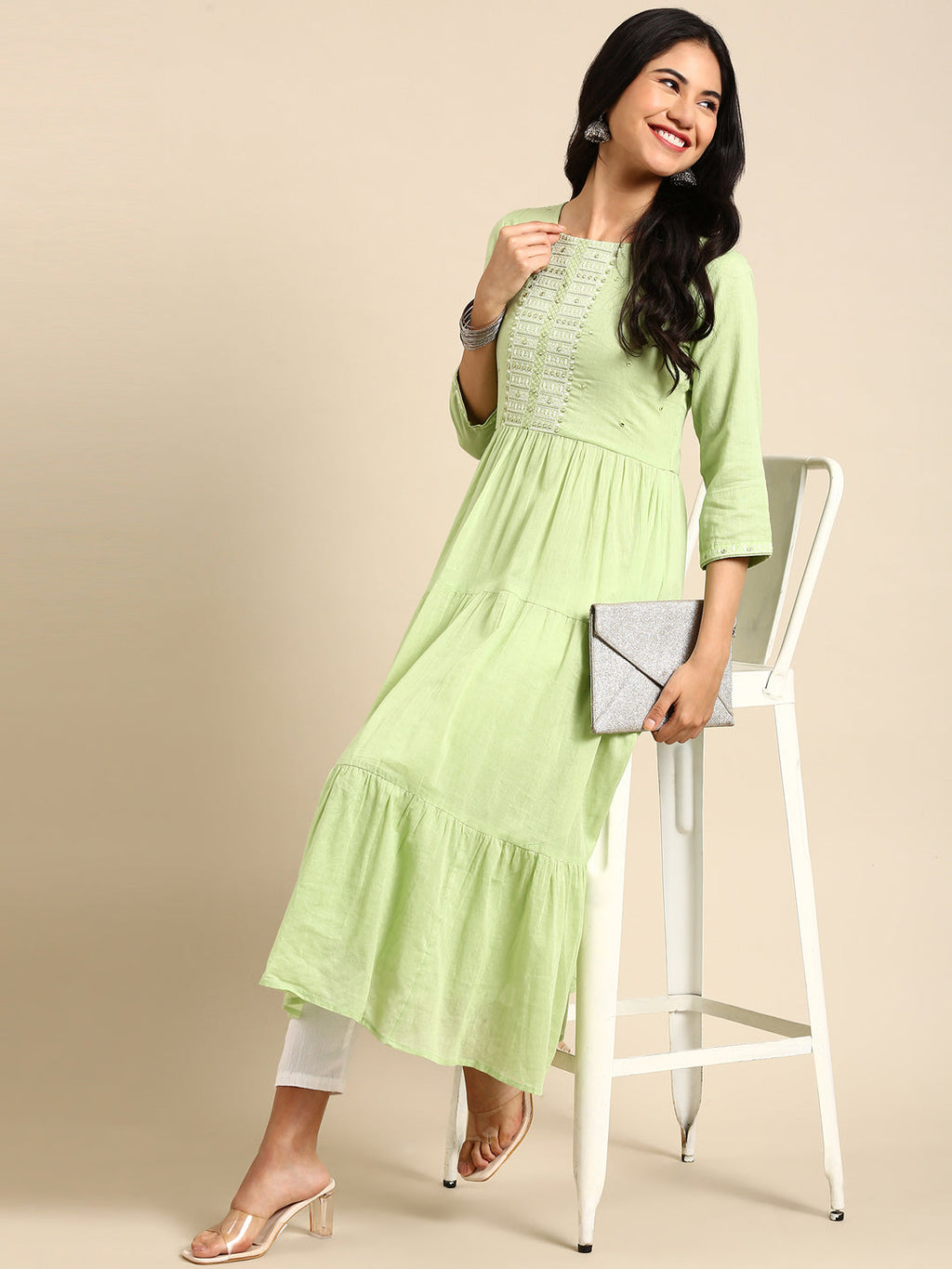 Women's Green Solid Anarkali Kurta