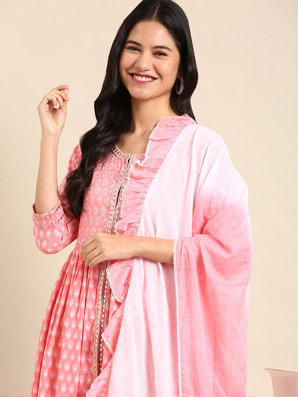 Women's Pink Ethnic Motifs Printed Mirror Work Anarkali Kurta