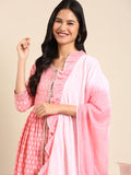 Women's Pink Ethnic Motifs Printed Mirror Work Anarkali Kurta