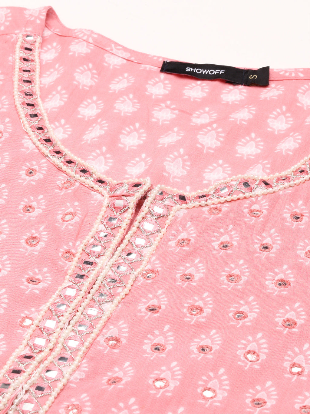Women's Pink Ethnic Motifs Printed Mirror Work Anarkali Kurta