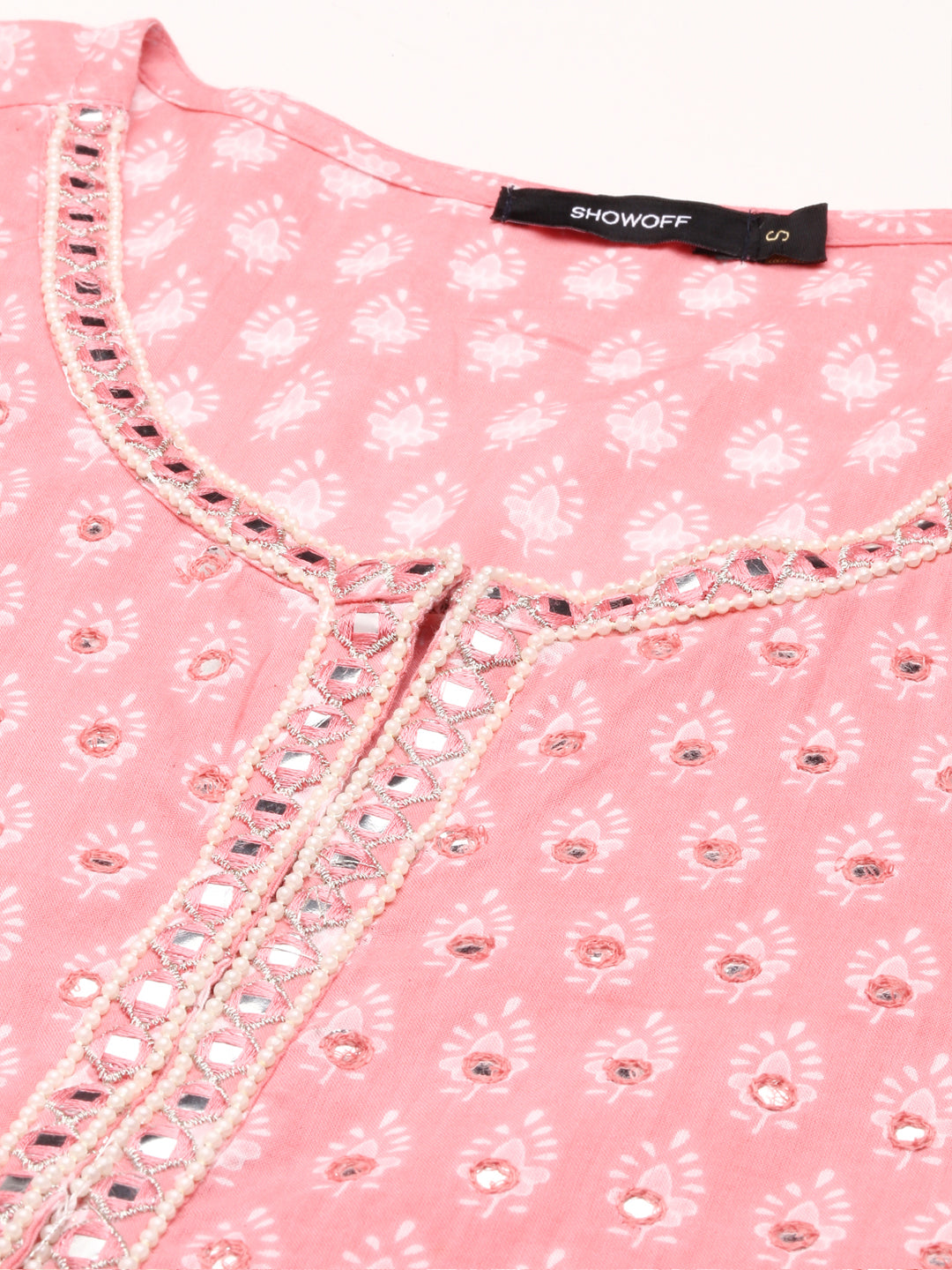 Women's Pink Ethnic Motifs Printed Mirror Work Anarkali Kurta
