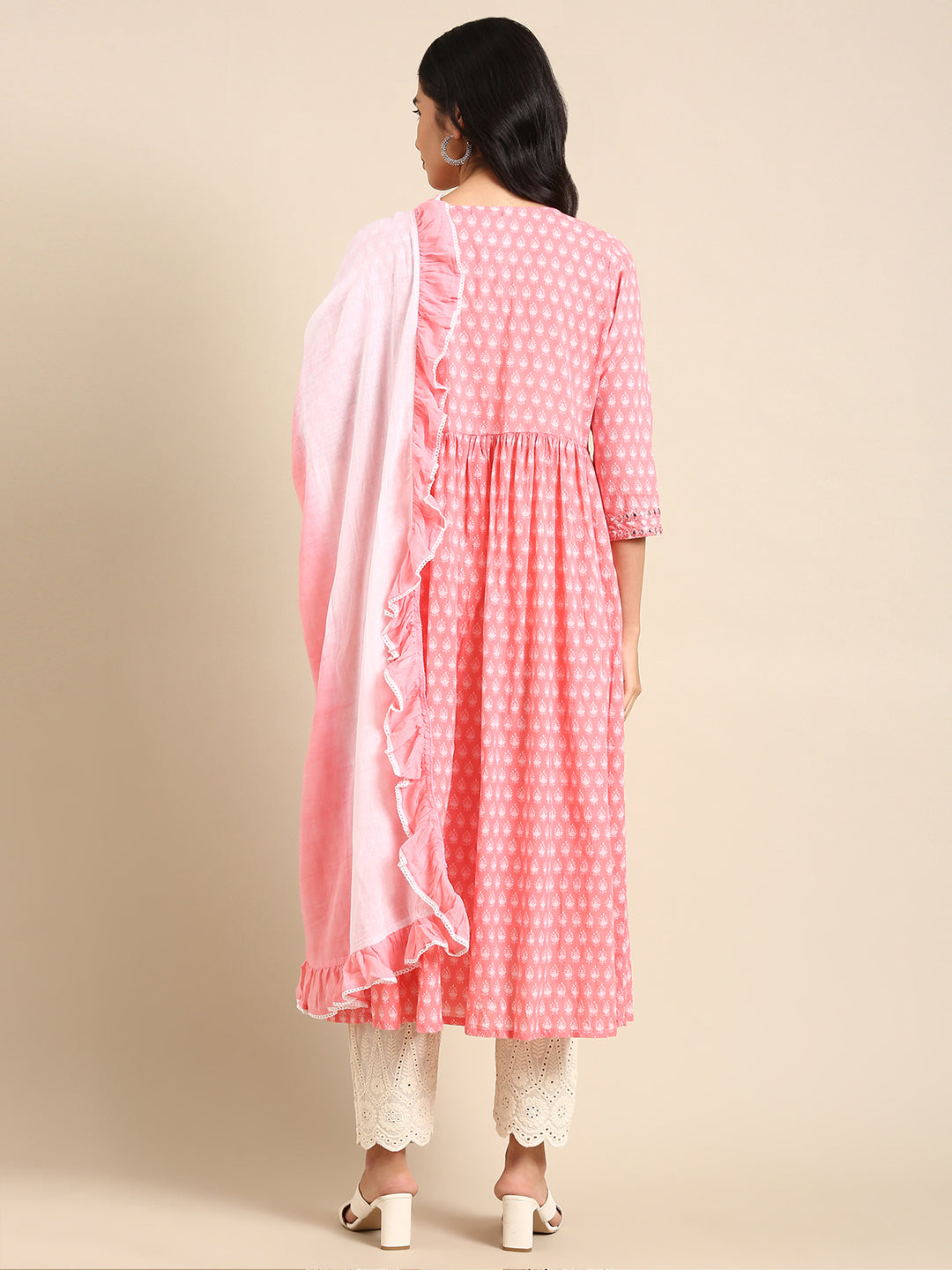 Women's Pink Ethnic Motifs Printed Mirror Work Anarkali Kurta
