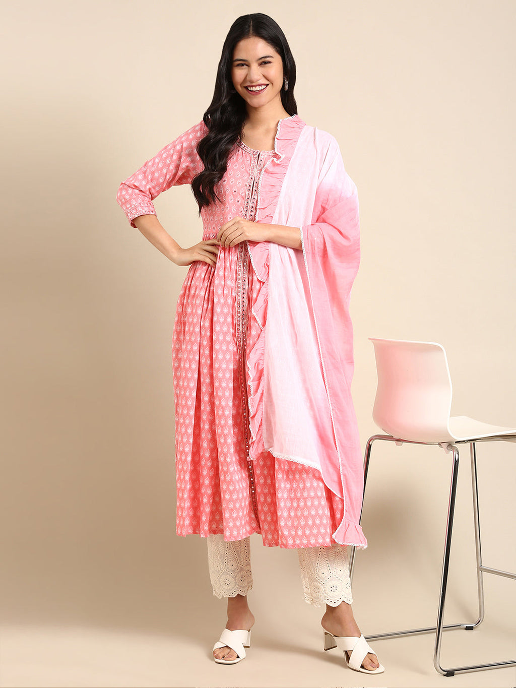 Women's Pink Ethnic Motifs Printed Mirror Work Anarkali Kurta