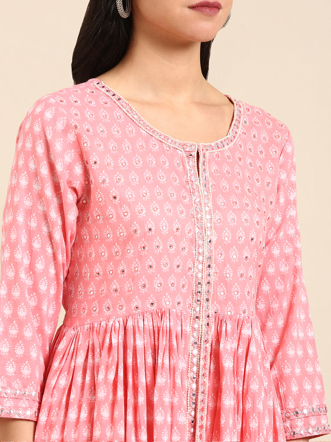 Women's Pink Ethnic Motifs Printed Mirror Work Anarkali Kurta
