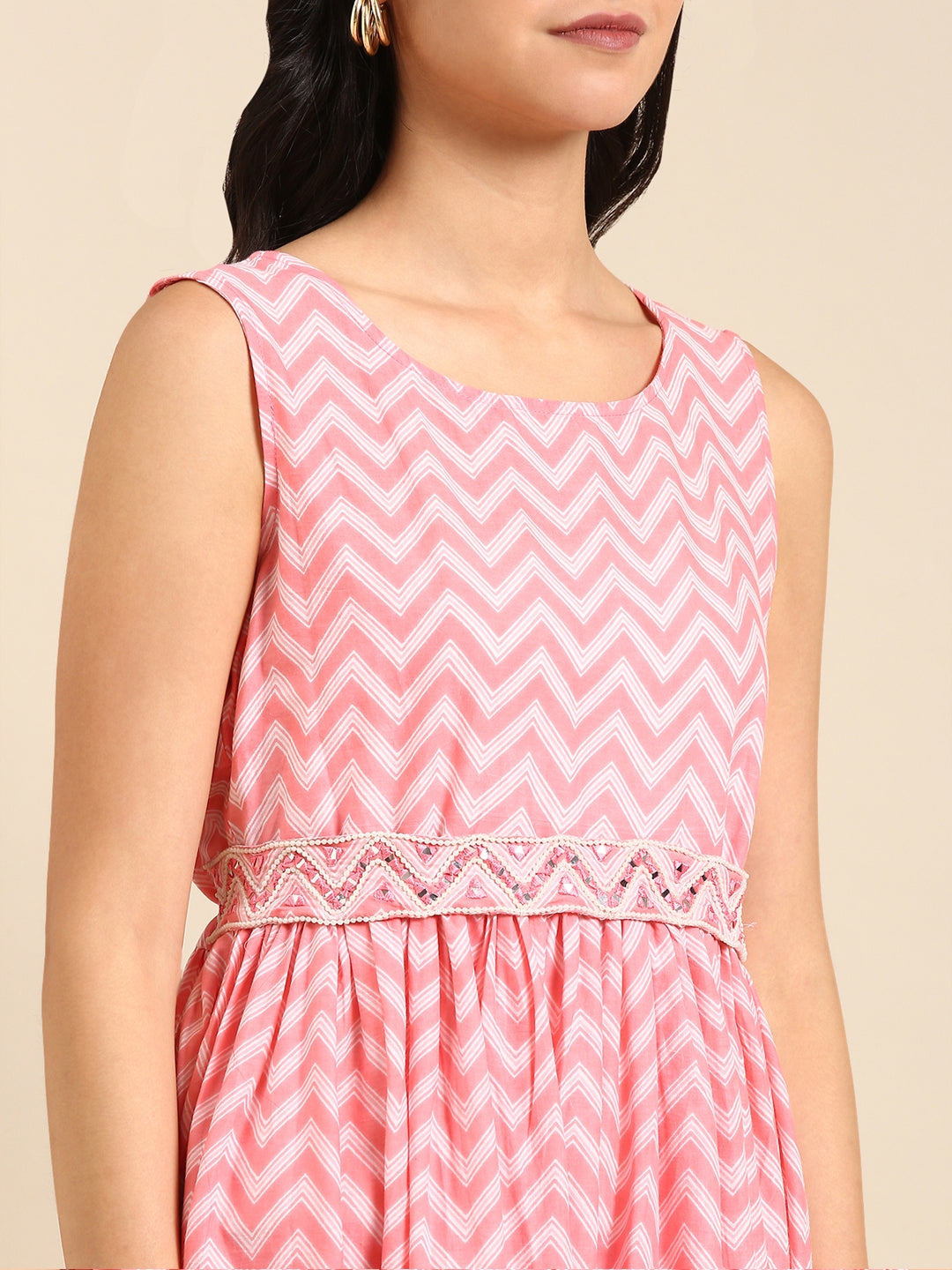 Women's Pink Ethnic Motifs Printed Mirror Work Anarkali Kurta