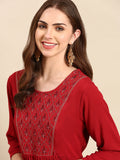 Women's Maroon Floral Thread Work Anarkali Kurta