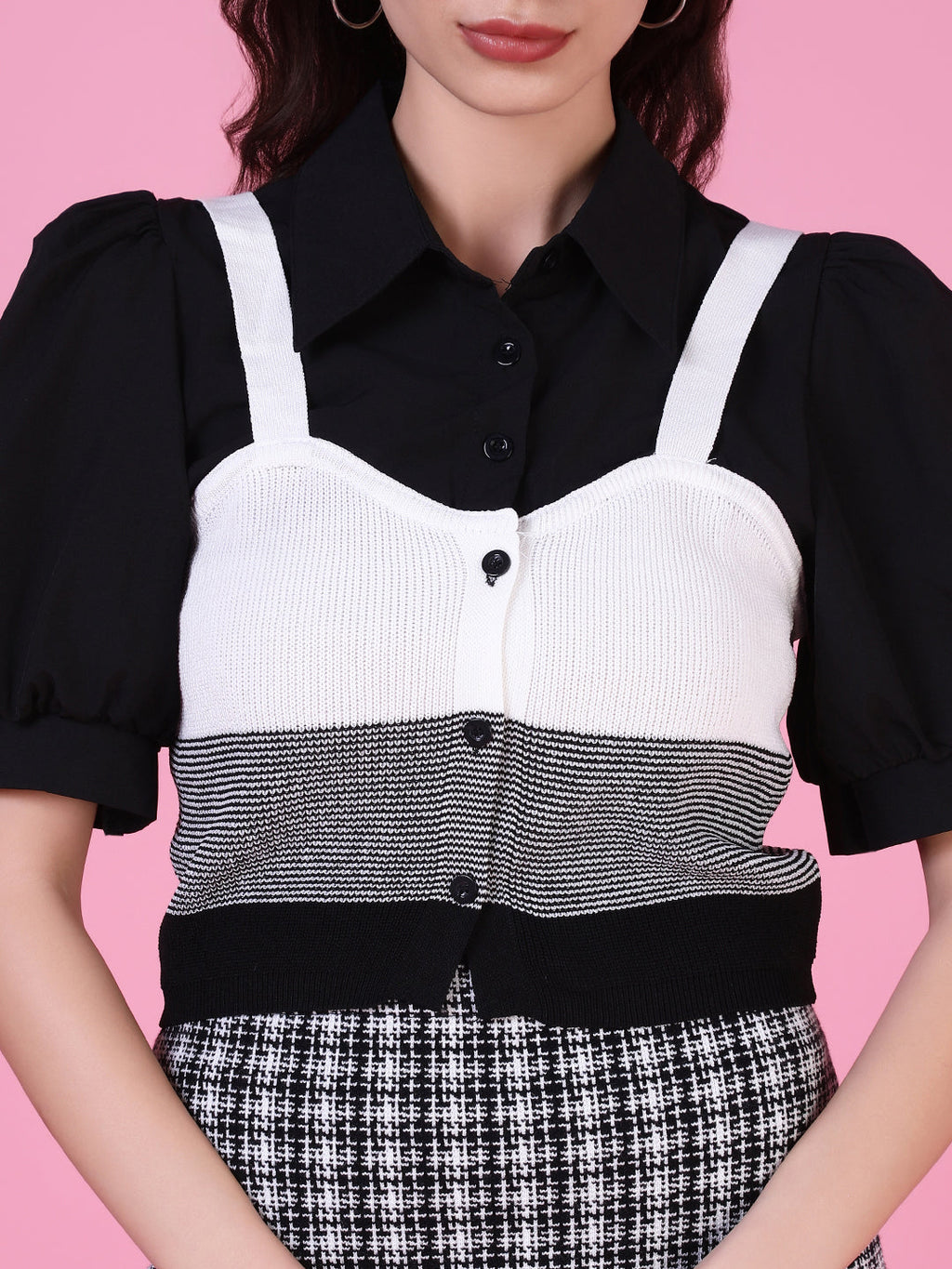 Women's Black Puff Sleeve Shirt Style Top