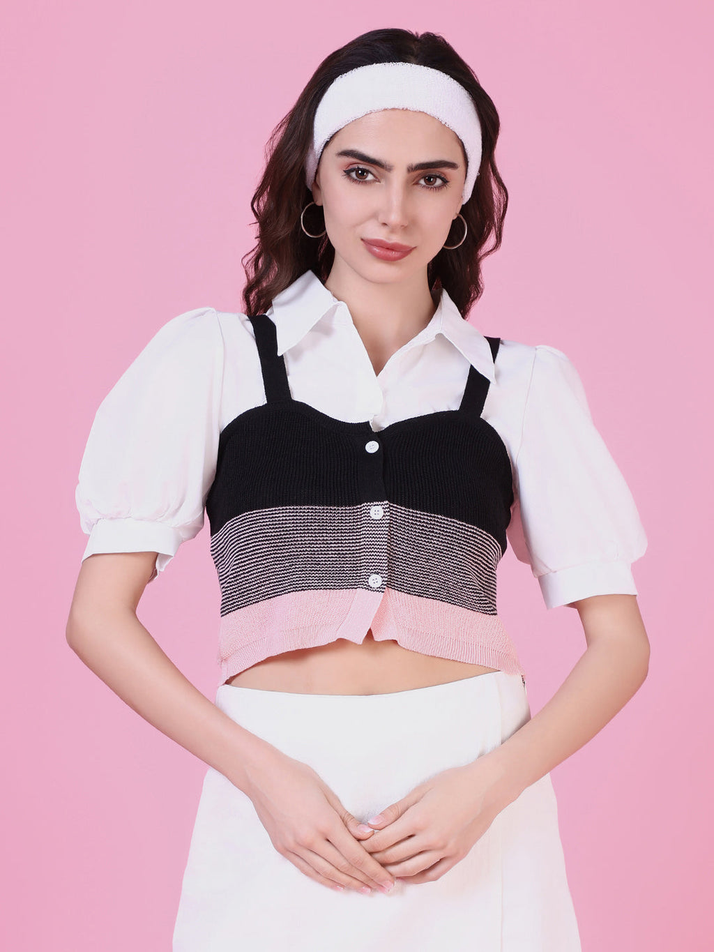 Women's Pink Puff Sleeve Shirt Style Top
