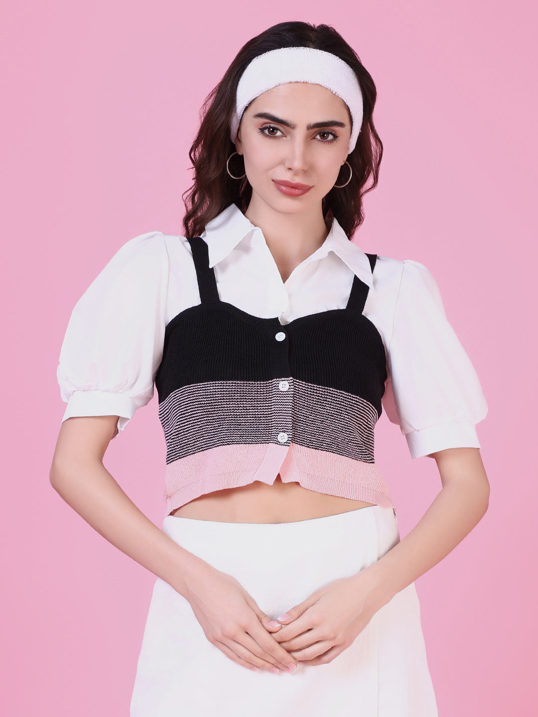 Women's Pink Puff Sleeve Shirt Style Top