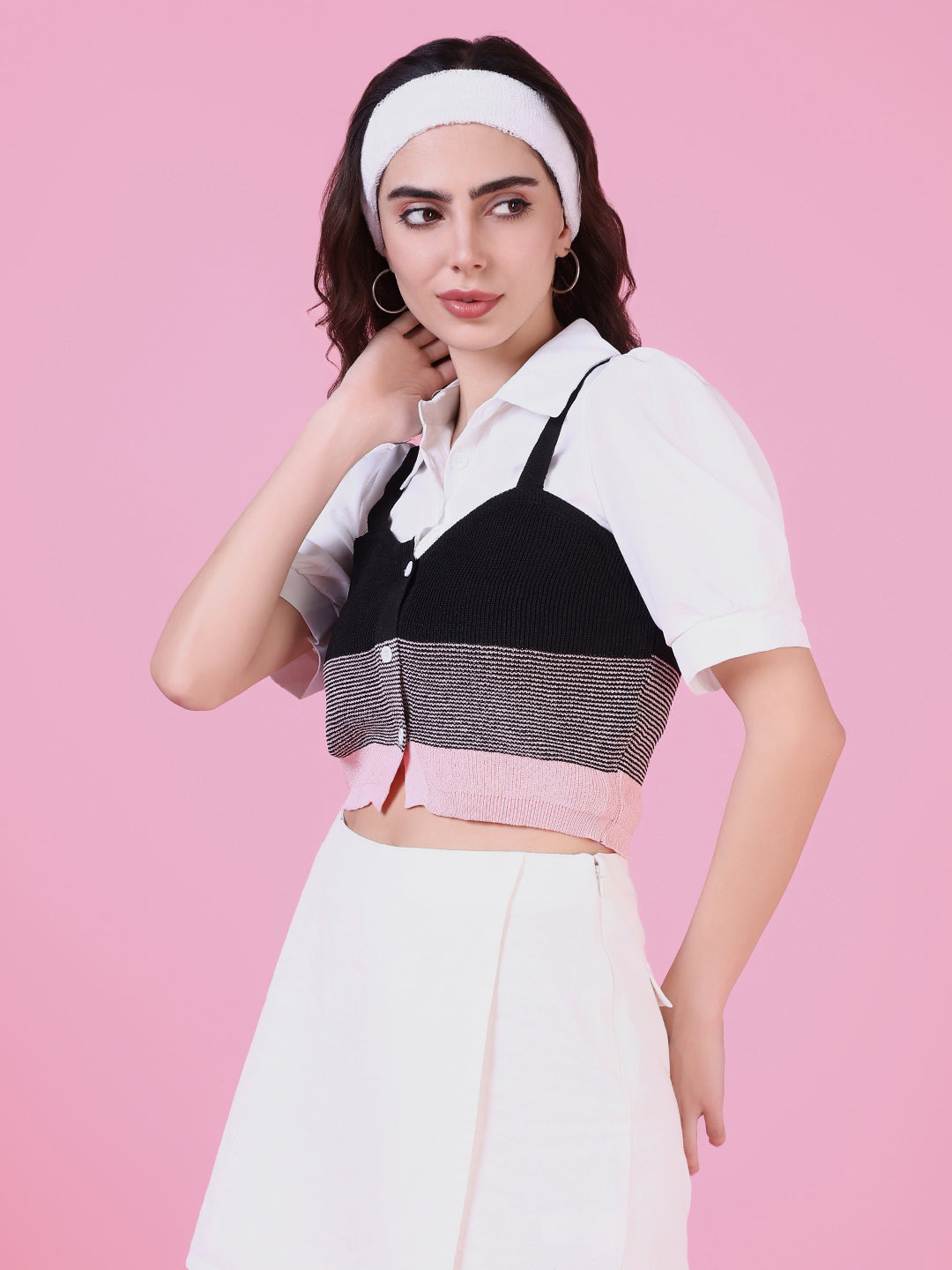 Women's Pink Puff Sleeve Shirt Style Top