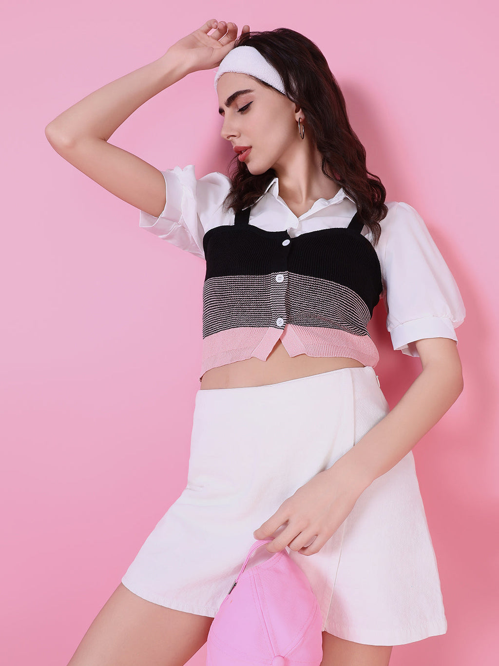 Women's Pink Puff Sleeve Shirt Style Top