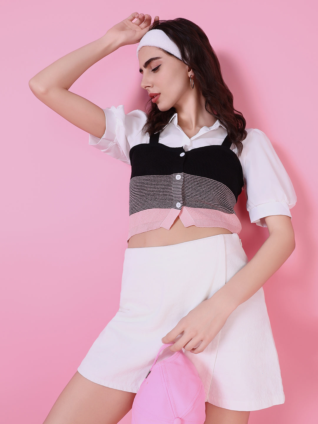 Women's Pink Puff Sleeve Shirt Style Top