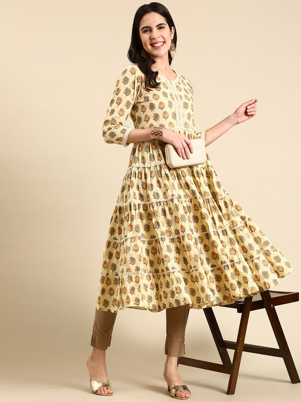 Women's Cream Floral Printed Lace Inserted Tiered Cotton Anarkali Kurta