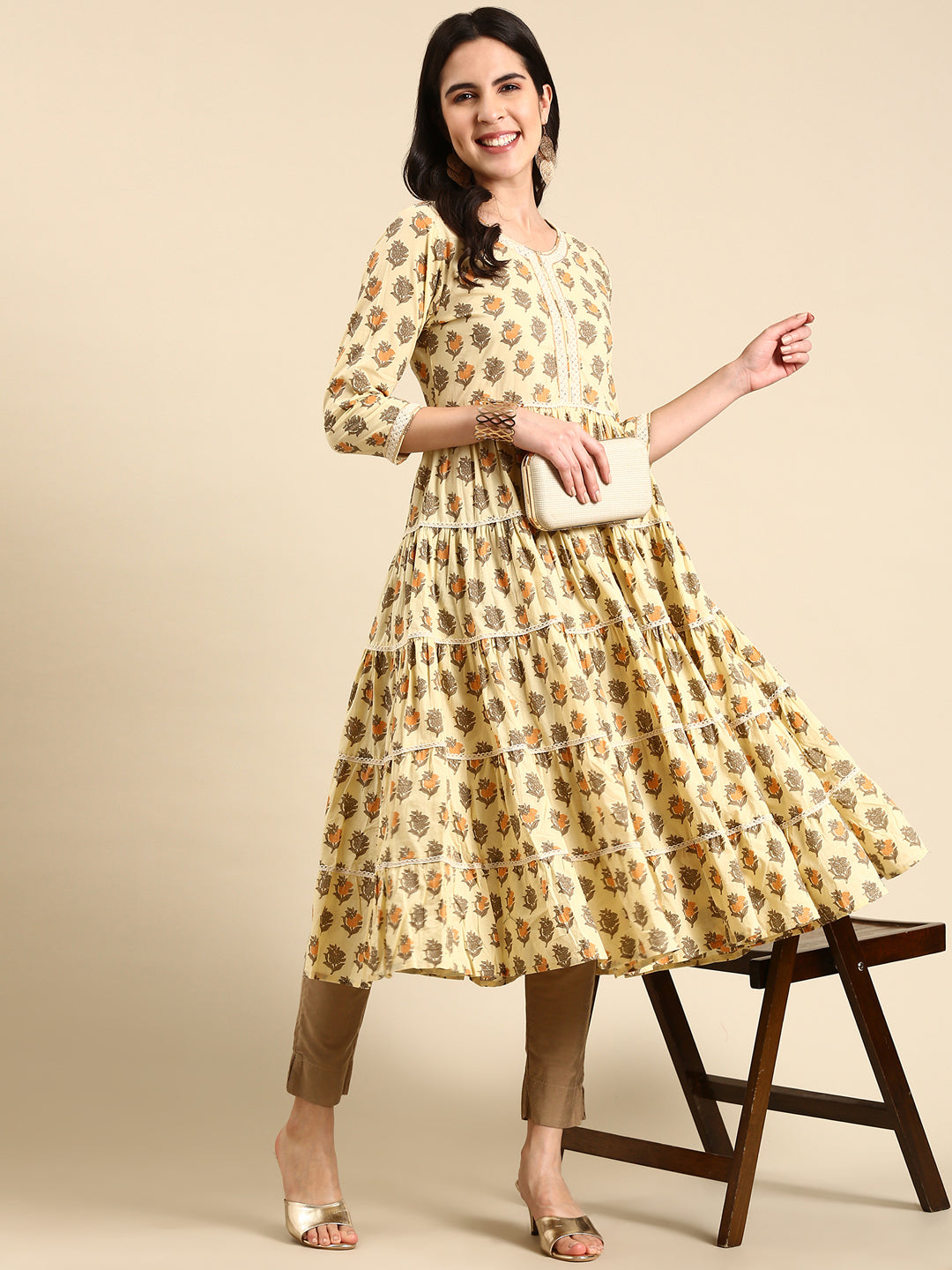 Women's Cream Floral Printed Lace Inserted Tiered Cotton Anarkali Kurta