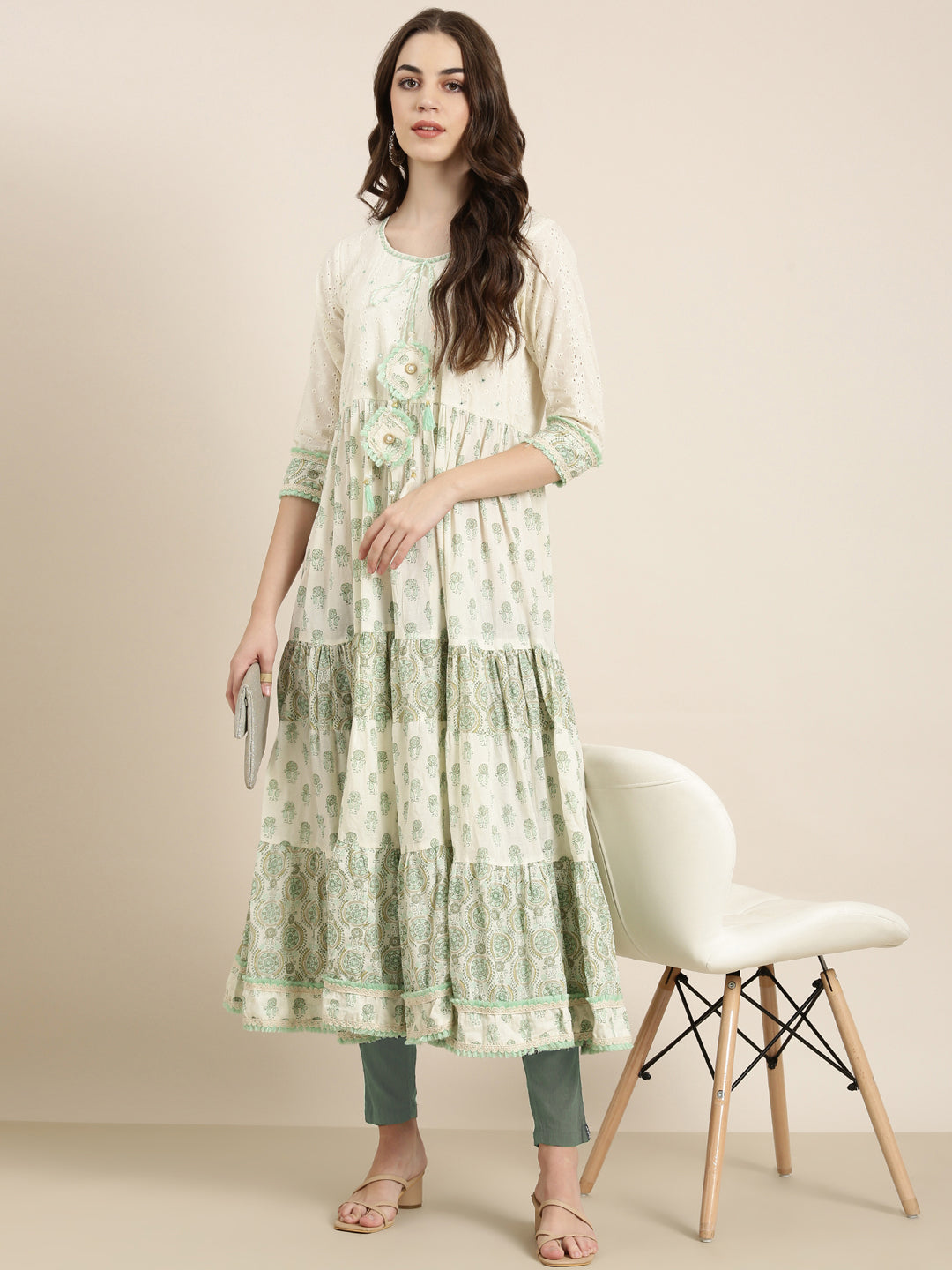 Women's Cream Ethnic Motifs Printed Mirror Work Pure Cotton Anarkali Kurta