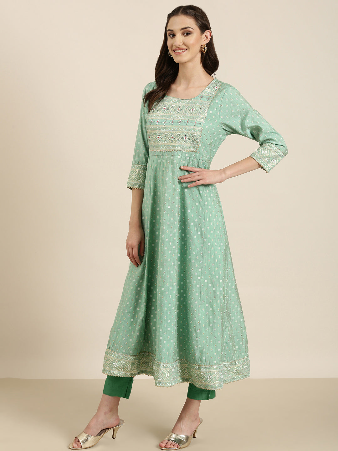 Women's Green Ethnic Motif Printed Thread Work Cotton Silk Anarkali Kurta
