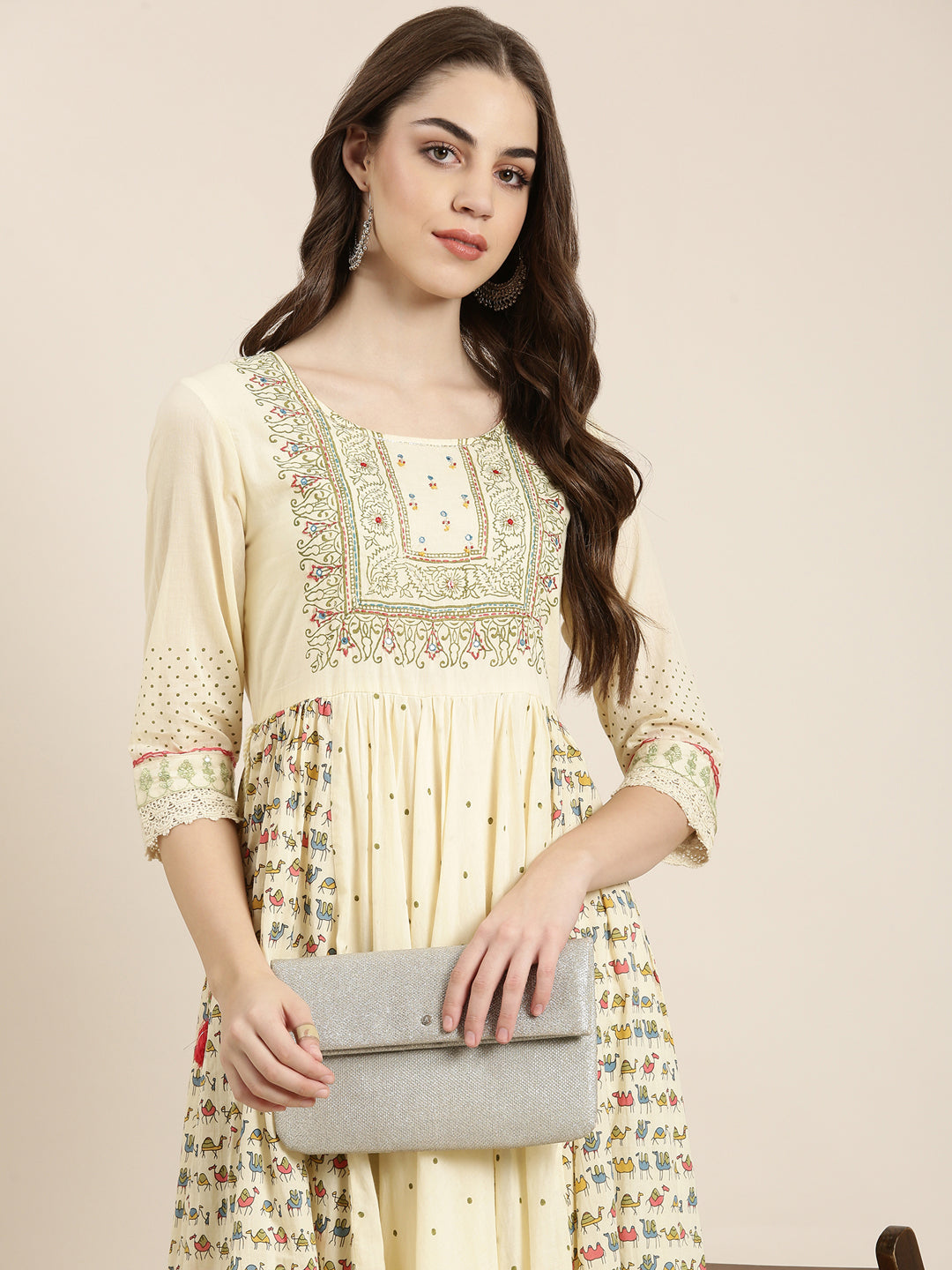 Women's Cream Ethnic Motifs Printed Anarkali Kurta
