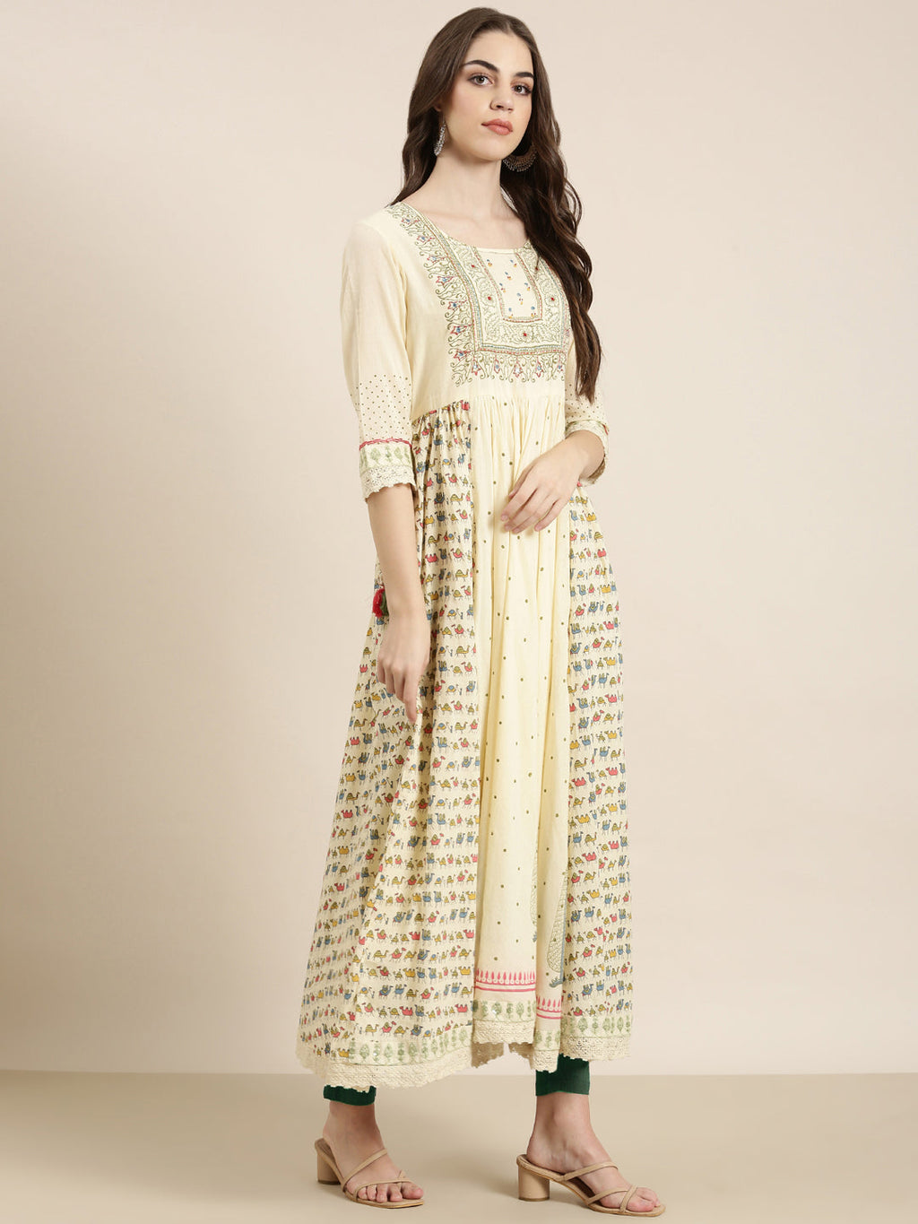 Women's Cream Ethnic Motifs Printed Anarkali Kurta