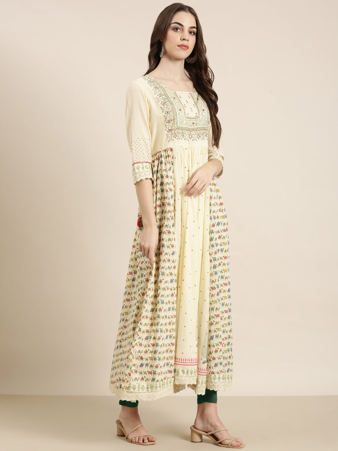 Women's Cream Ethnic Motifs Printed Anarkali Kurta