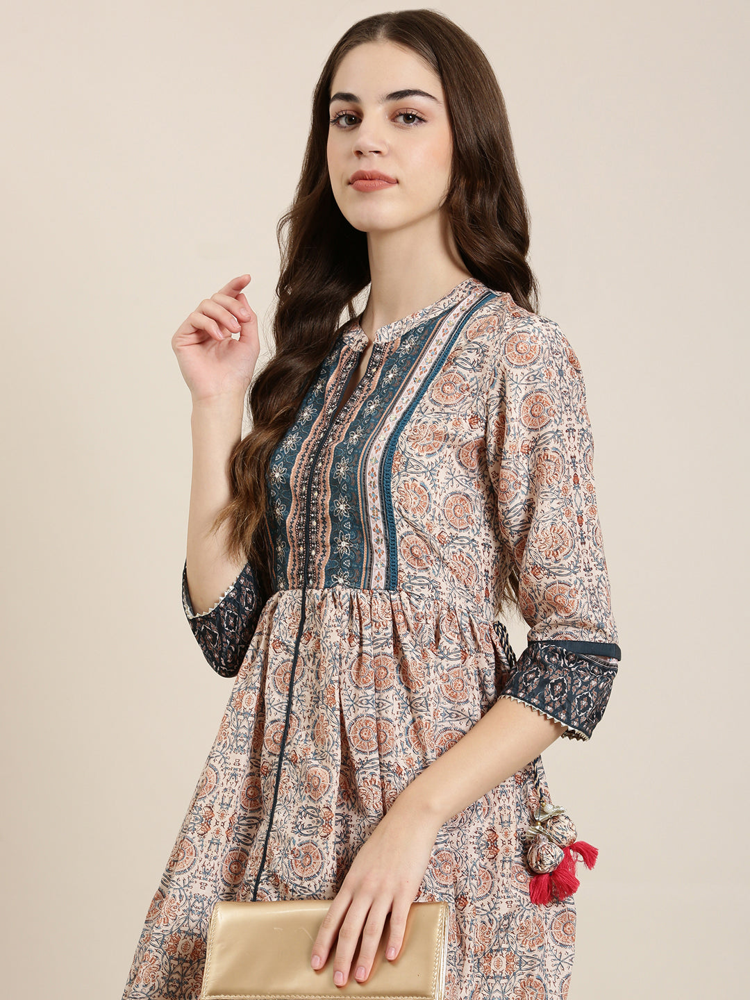 Women's Beige Floral Printed Mandarin Collar Anarkali Kurta