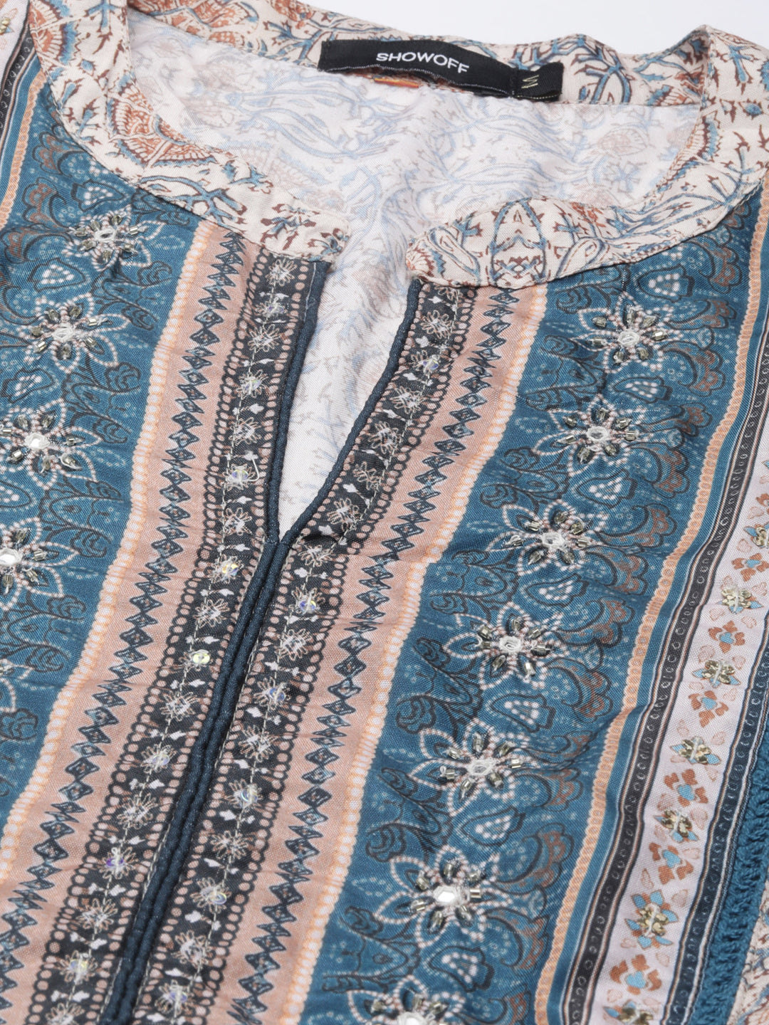 Women's Beige Floral Printed Mandarin Collar Anarkali Kurta