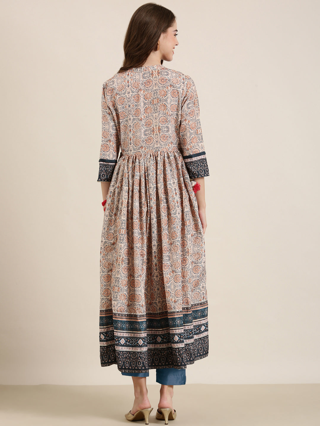 Women's Beige Floral Printed Mandarin Collar Anarkali Kurta