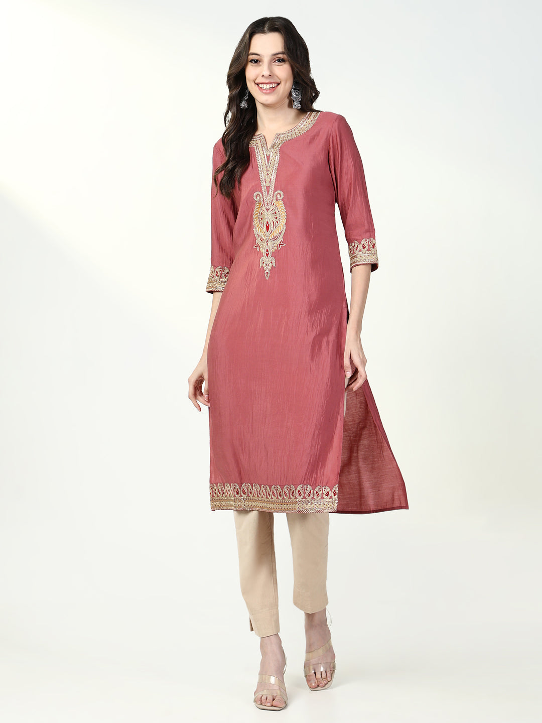 Women's Pink Solid Straight Kurta
