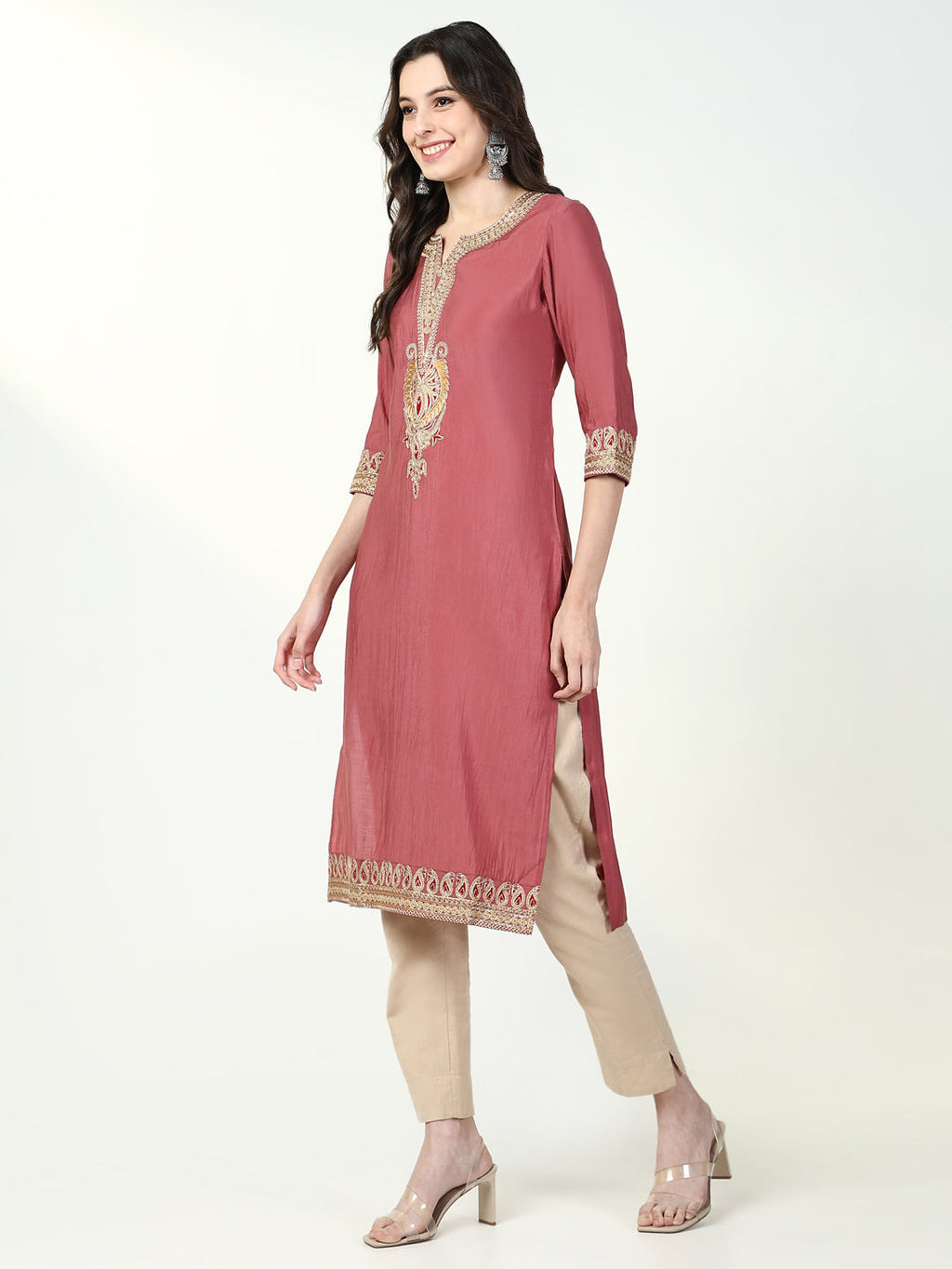 Women's Pink Solid Straight Kurta