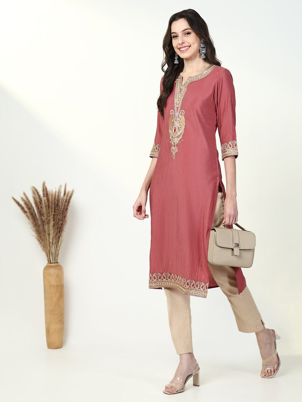 Women's Pink Solid Straight Kurta