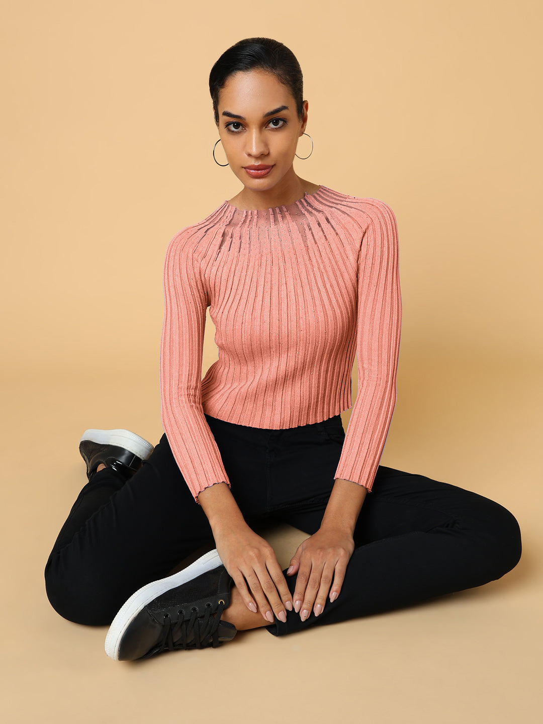 Women's Self Design Peach Round Neck Crochet Top