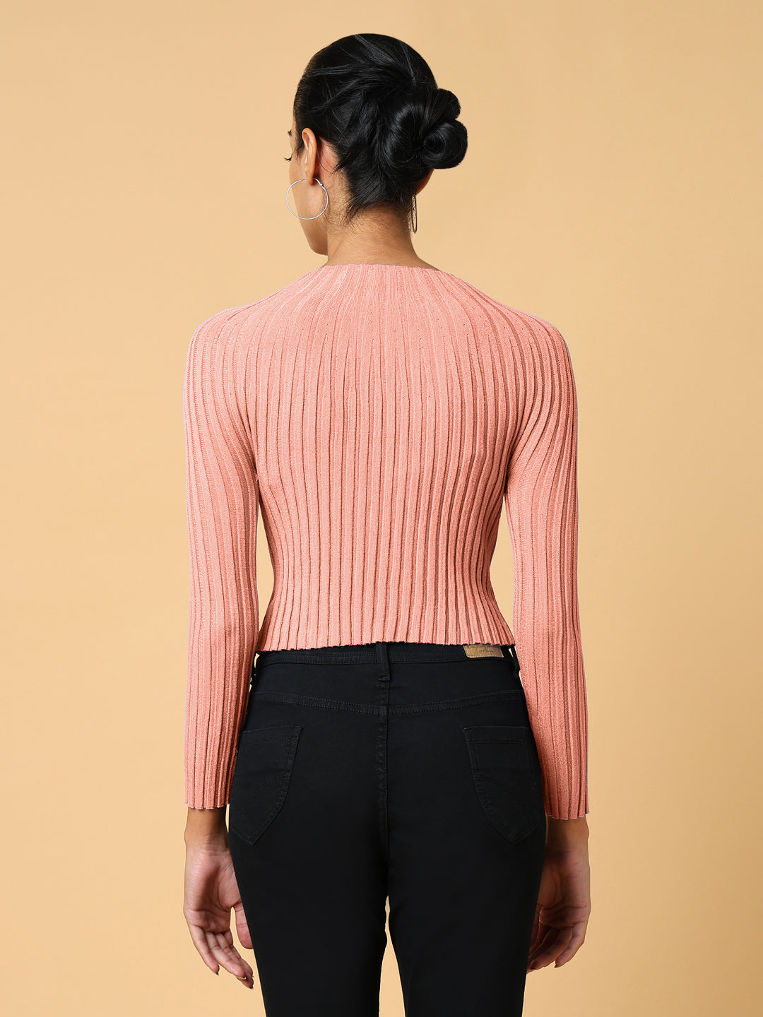 Women's Self Design Peach Round Neck Crochet Top