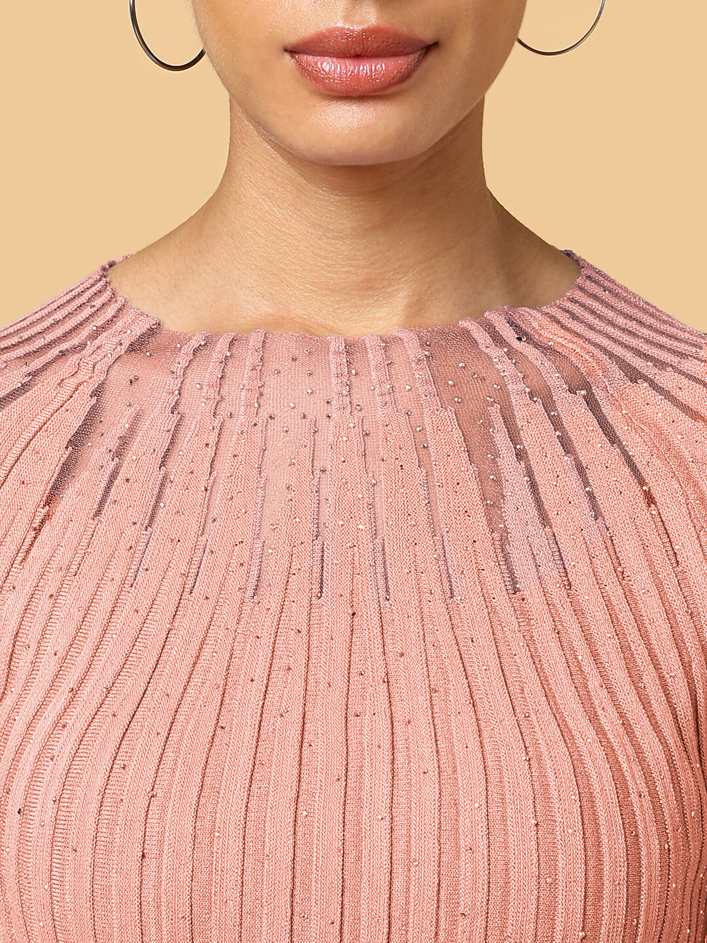 Women's Self Design Peach Round Neck Crochet Top